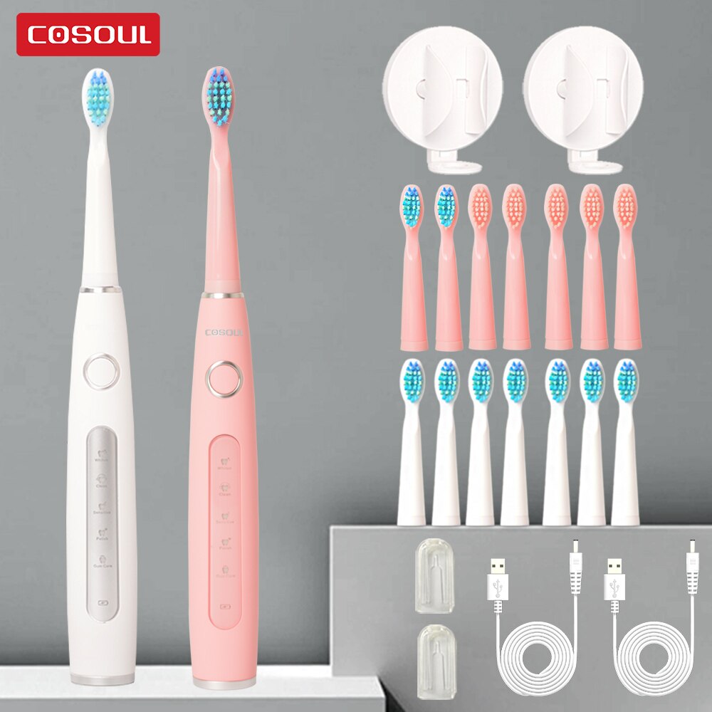 COSOUL-cepillo de dientes eléctrico para hombre y mujer, cepillo dental sónico para limpieza, blanqueador, 5 modos, recargable 40000 veces/min, automático, impermeable: WhitePink2Holders