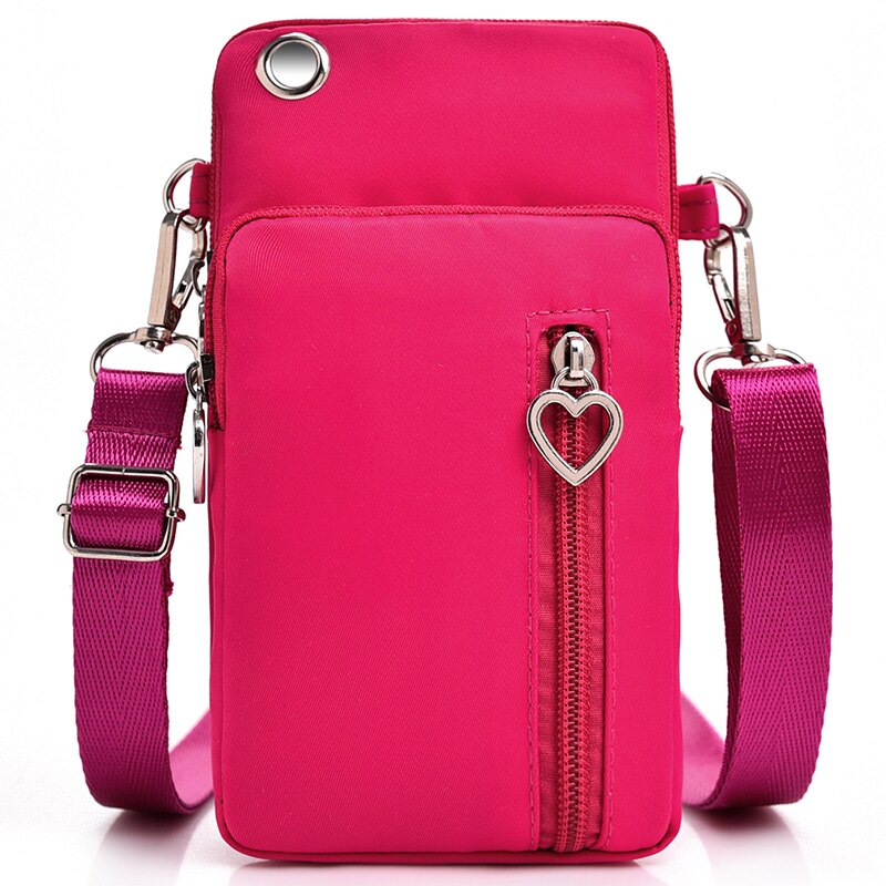 Kvinde messenger taske 3 lynlås skrå mønt pung mobiltelefon taske nøglecase skulder udendørs øretelefon pose sports taske: Hot pink