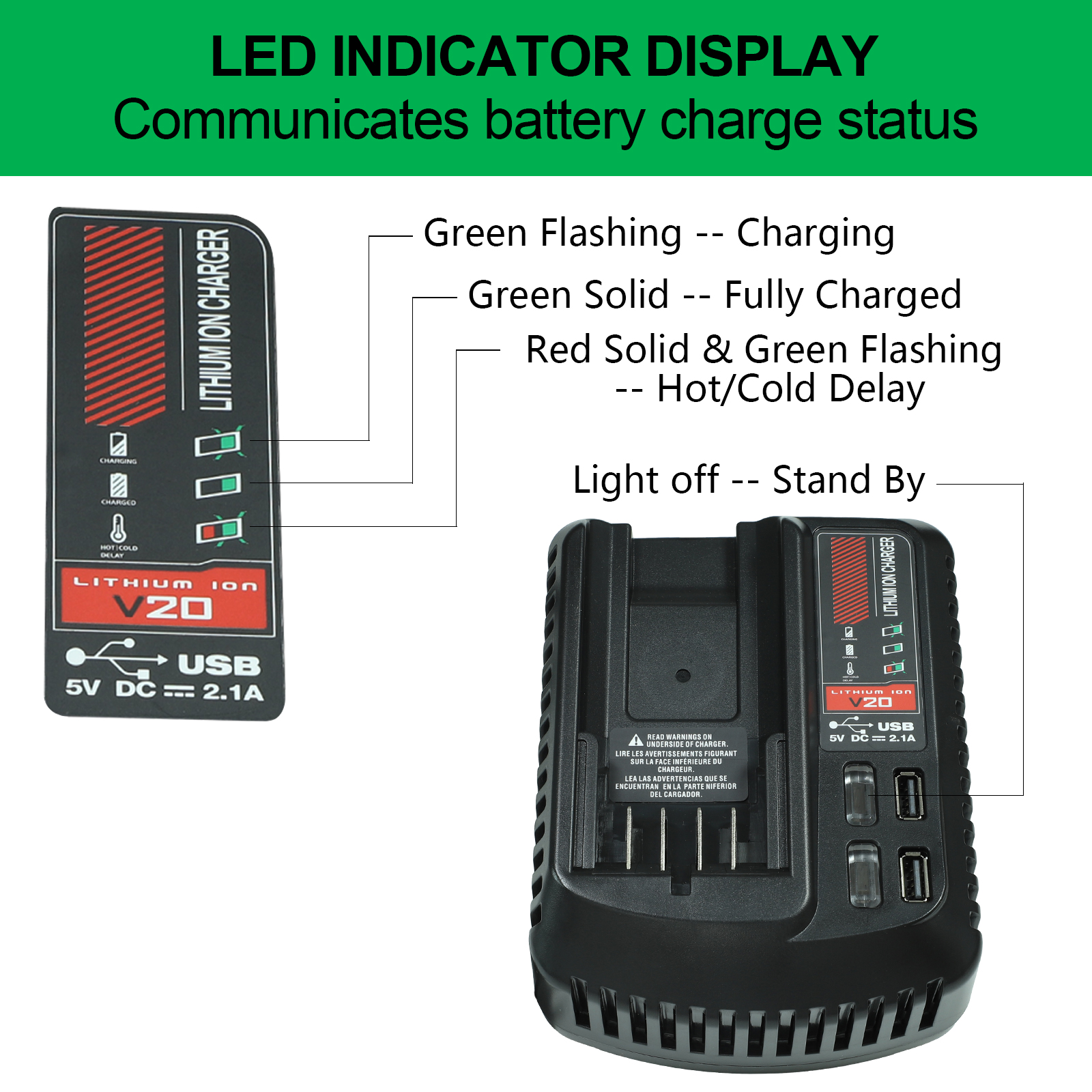 Fast Charger For Craftsman 20v 2A Li-ion Battery 100V/240V with 2 USB-A Ports Rechargeable Power Tools CMCB202 CMCB204 CMCB206