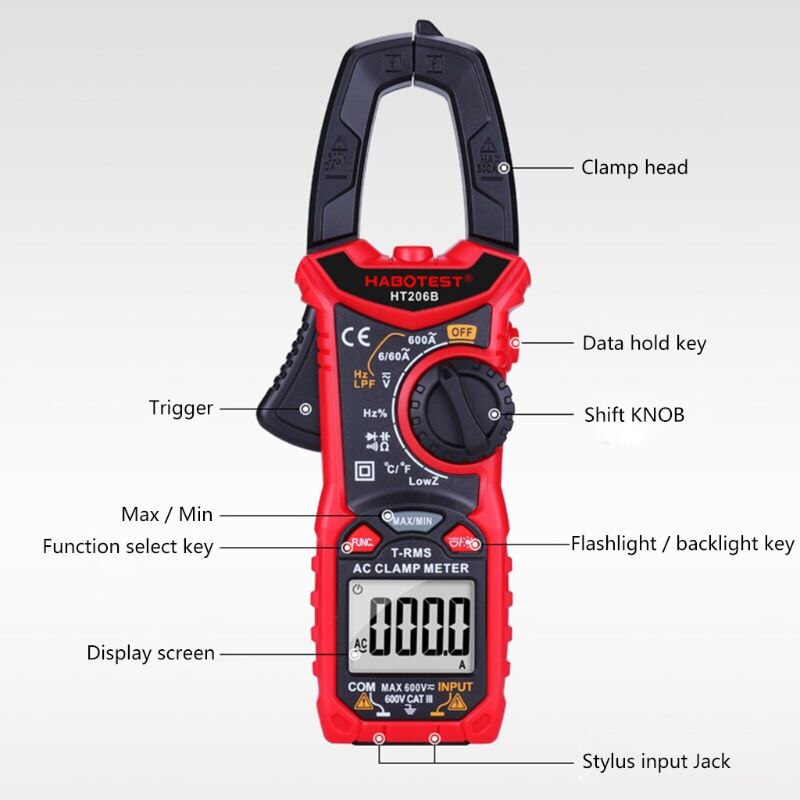 HT206 AC/DC Digital Clamp Meter Multimeter High Precision Capacitance NCV Tester H3CC