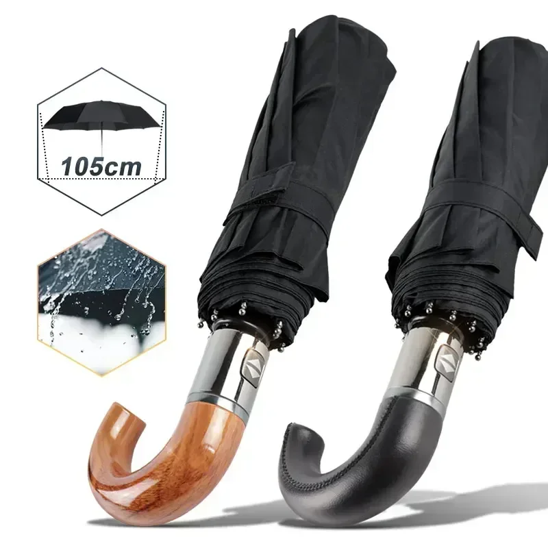 British Leather Handle Umbrella Men Automatic Business 10Ribs Strong Windproof 3 Folding Big Umbrella Rain Woman Parasol