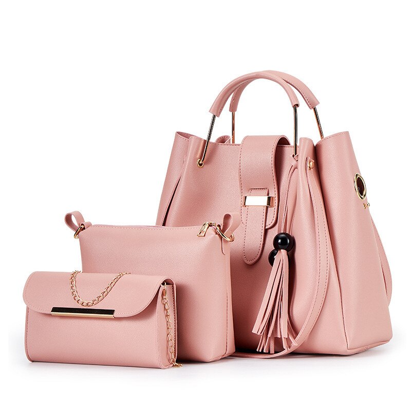 3PCS Composite Bags For Women Bag Sets PU Leather Shoulder Bags Tassel Handbag Casual Tote Composite Messenger Bag: pink