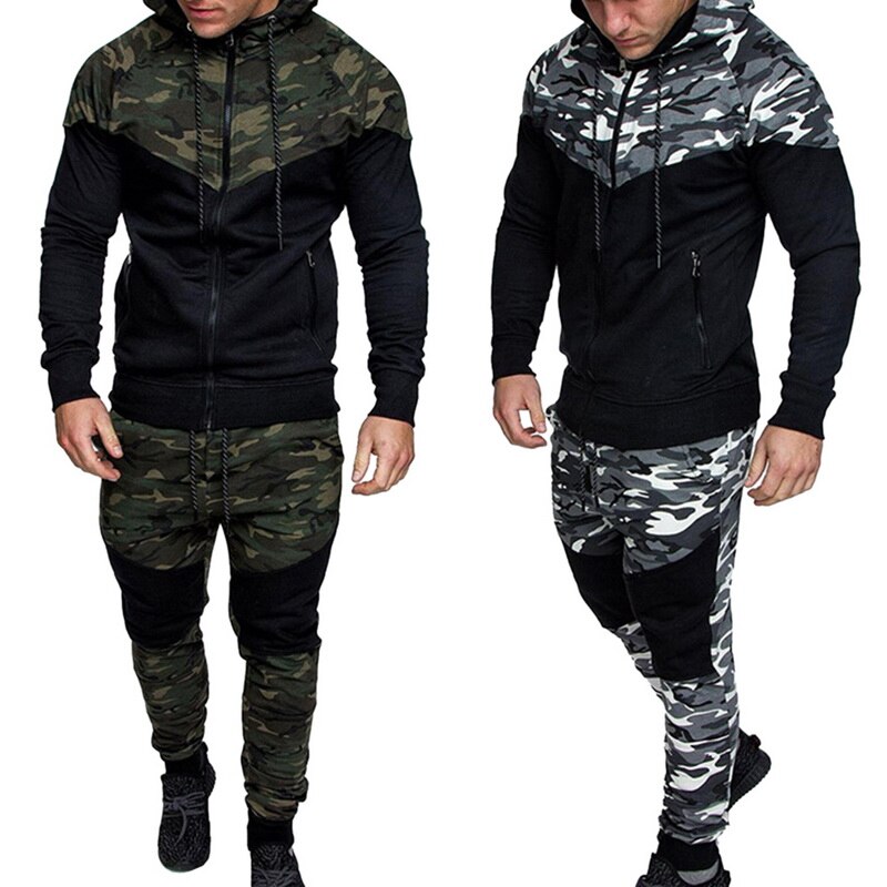 Lente Mannen Camouflage Patchwork Sets Mannelijke Gym Running Rits Hoodies Sweatshirt + Broek 2 Stuks Trainingspak Sportwear Pak