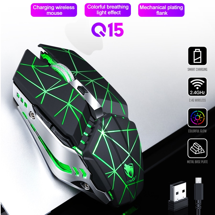 for T-wolf Q15 USB Wireless Mouse Charging Silent Mute Light Touch Wheel Gaming Mouse Star Black