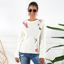 Geborduurde Trui Lange Mouwen Womens Casual Brand Lange Mouwen Vrouwen Trui Slim Ronde Hals Vrouwen Trui Pullover