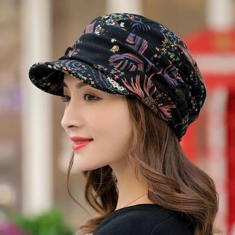Chapeau à fleurs à bords courts pour femmes, chapeau à bec de canard doux, tendance, Protection solaire, casquette de journal, adapté aux voyages et au shopping quotidiens: Black