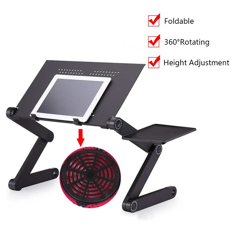 Verstelbare ergonomische draagbare tv-bedtafel, laptoptafel, laptopstandaard, laptoptafel, bureaustandaard met muismat: Zwart met ventilator