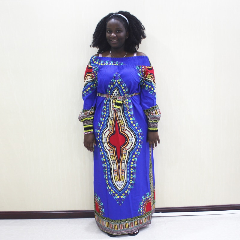 African Dashiki Off Shoulder Long Sleeve Blue Cotton Print Long Dress