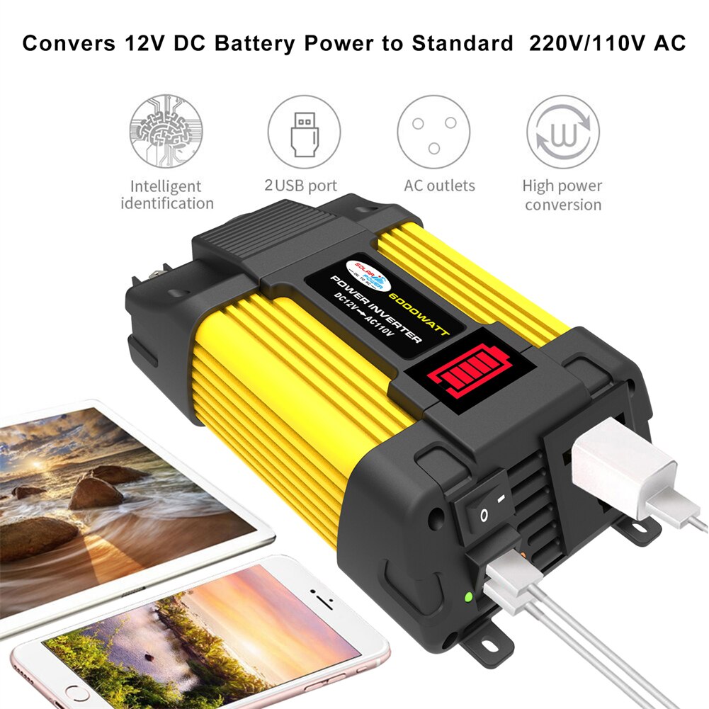 Inversor de potencia para coche, convertidor de pantalla de capacidad de voltaje LED de 6000W, 12V a 110/220V, inversor USB Dual para electrodomésticos de coche