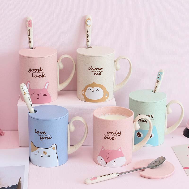 Tazas de bambú para bebé, vasos bonitos de 450ML para alimentación, con asa, cuchara, Material seguro para la Naturaleza, vasos de leche para niños