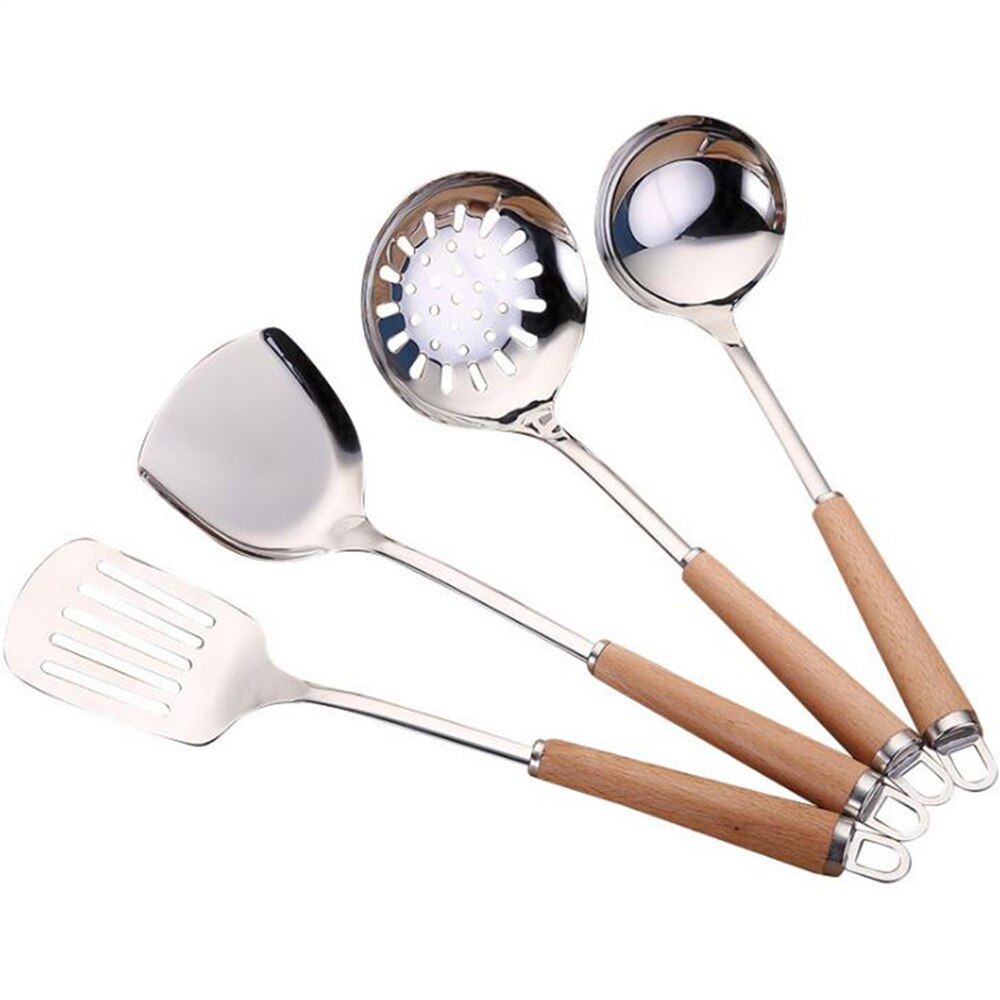 1Pcs Spatula with Wooden Handle Stainless Steel Kitchenware Set Household Spoon Kitchen Gadget Stainless Steel Frying Shovel