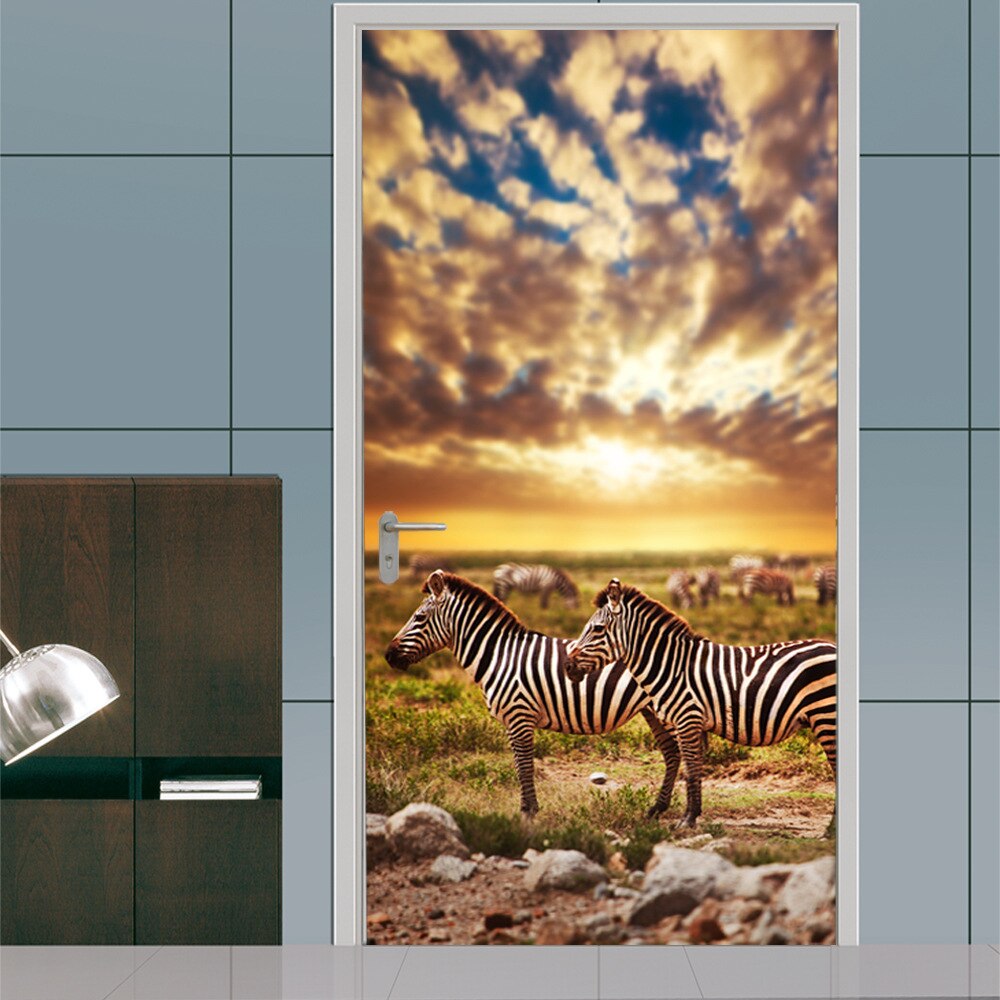 Zebra Door Stickers 3D Wallpaper Bedroom Living Room Door Poster Mural PVC Self-adhesive Waterproof Home Decor Decals