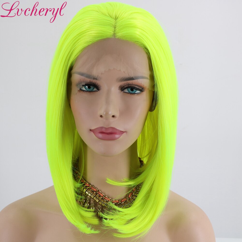 Lvcheryl neon gul färg värmebeständigt kort hår peruker syntetisk spets front peruker cosplay fest smink peruker för sommaren
