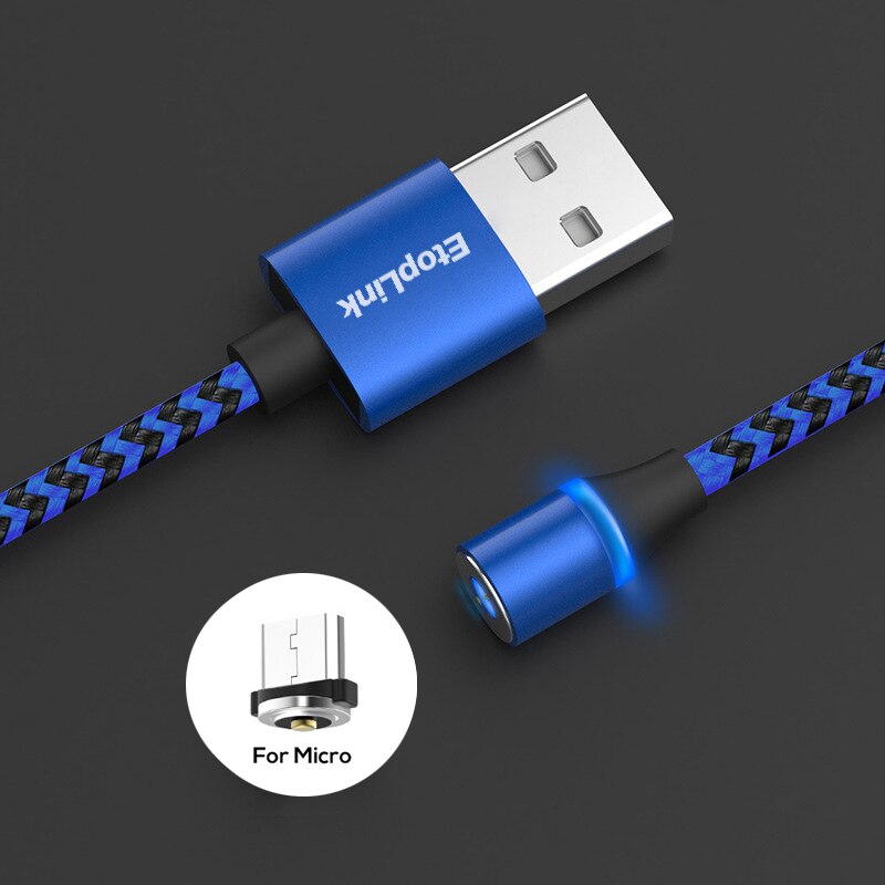 EtopLink Type C Micro USB Magnetic Charging USB Cable USB-C 360 degree Round Magnet Nylon Braided LED Charger Cables 1M Blue Red: Blue Micro USB