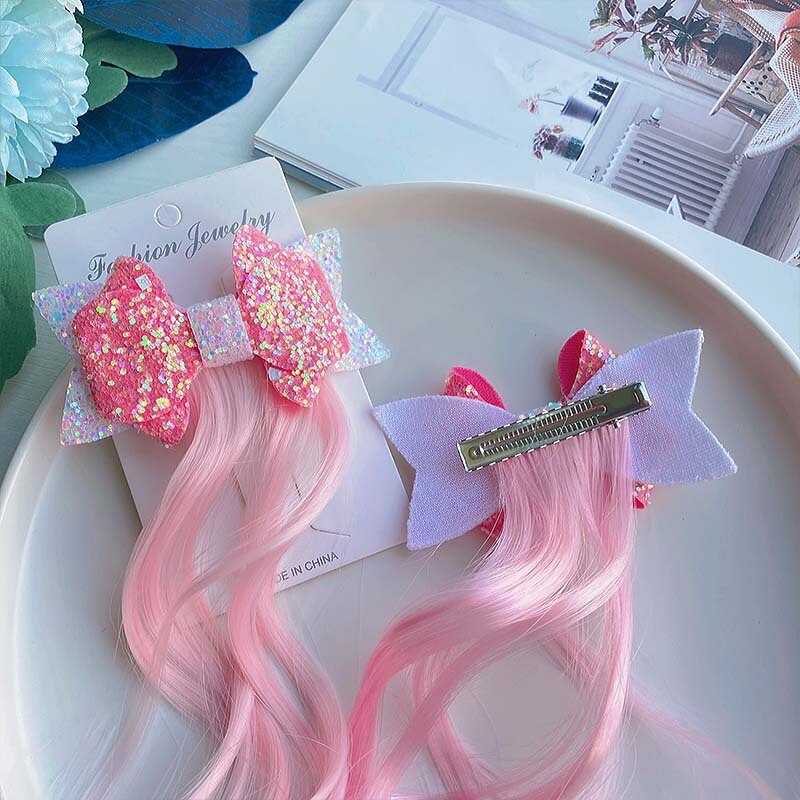 1-2 pz ragazze parrucche colorate coda di cavallo ornamento per capelli principessa fiocchi fasce elastici copricapo treccia regalo per bambini accessori per capelli