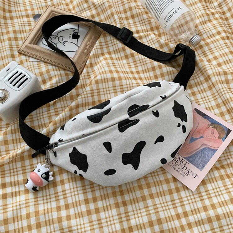 Koreansk mælkeko print kvinder kanvas crossbody bæltetaske japansk harajuku pige sød brysttasker talje bælte kvindelig fanny pack: Med vedhæng