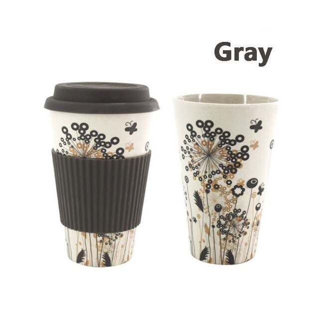 400ml Reusable Bamboo Fibre Coffee Cup Coffee Tea Mug Wheat Straw Travel with Silicone Lid: gray