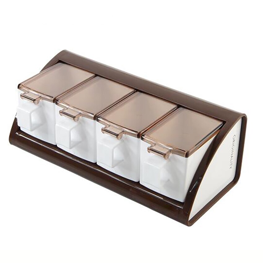 3/4 Grids Food Seasoning Box Container Kitchen Tools Wall Mounted Spice Boxes Salts Can Storage Bottle Seasoning Jar With Spoons: 4 grids