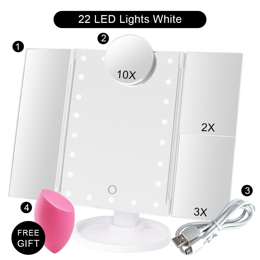 Espejo con LED y 10 aumentos para maquillaje, espejo de maquillaje táctil compacto y flexible, 22 luces LED, aumento 1X/2X/3X/10X: WH 22 Lights Set E