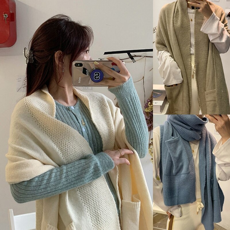 Koreaanse dames winter gebreide oversized poncho deken cape met grote zakken aan de voorkant effen kleur sjaal wikkel trui met knoopjes ca