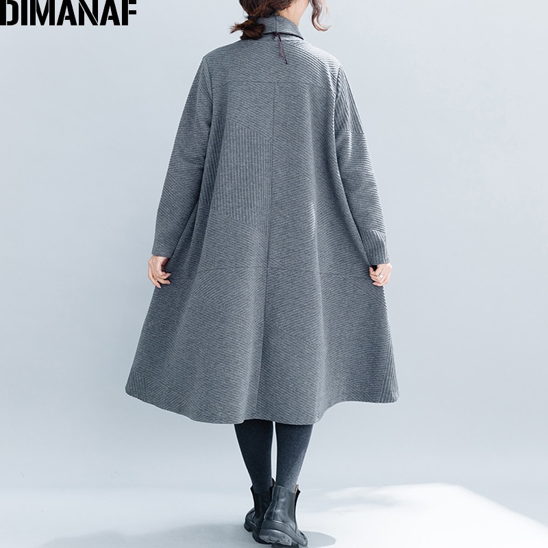 Dimanaf kvinner kjoler store størrelser vinter tykk bomull kvinnelige løse klær casual dame vestidos turtleneck stripete lommer kjole
