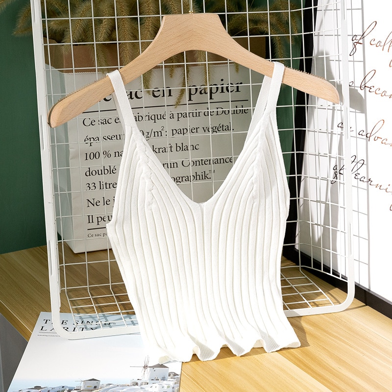 Kvinder sexet strikket crop top crop ærmeløs cropped vest slim sling strikket tank top v-hals almindelig camisole høj elastisk camis