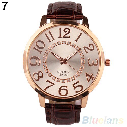 Mężczyźni kobiety duże cyfry arabskie kryształ górski Faux Skórzany kwarc analogowy zegarek na rękę sukienka damska zegarki prezent luksus: Brązowy