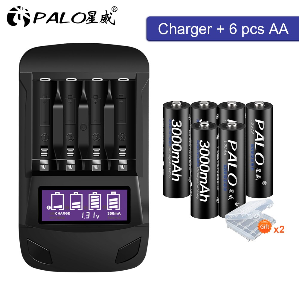 Pila AA recargable, AA NiMH 1,2 V 2A, batería prealimentada, pilas aa de baja autodescarga y cargador de batería inteligente para AA AAA: 6AA and charger