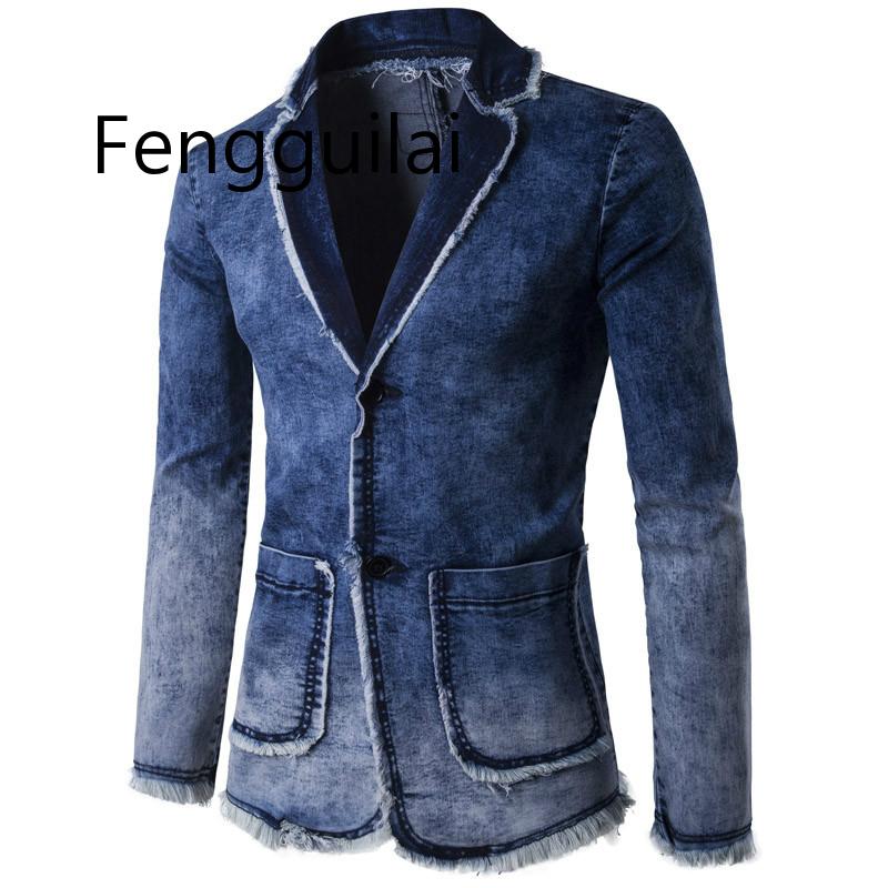 autumn winter style men's casual suit coat men personality Corner water washing Denim pocket decorate Leisure suit Coat: S