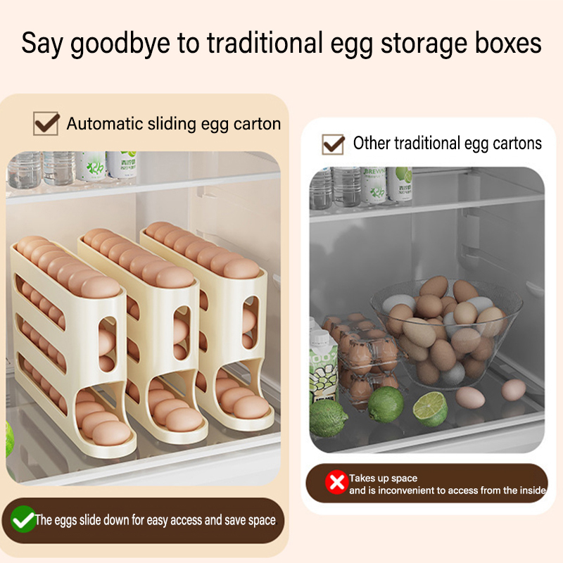 Caja organizadora de almacenamiento de huevos de 4 capas para refrigerador, soporte organizador de huevos rodante, organizador de almacenamiento de nevera, contenedor de almacenamiento de alimentos