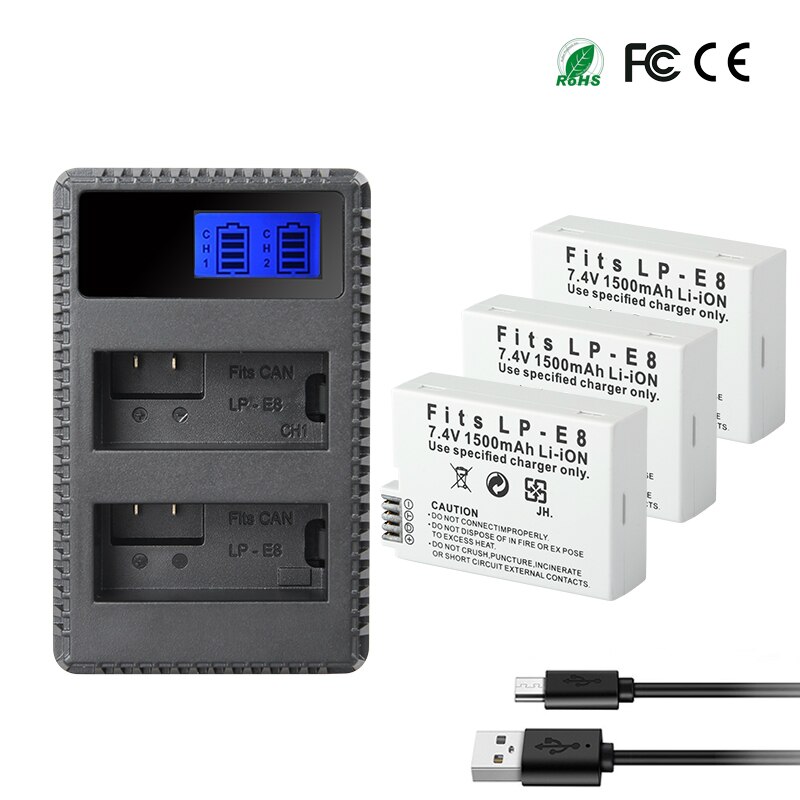 LP-E8 LP E8 Battery 1500mah For Canon EOS Rebel T3i T2i T4i T5i 600D 550D 650D 700D Kiss X5 X4 X6 X7 Batterie lp e8 Charger 8.4V: 1Charger 3Battery