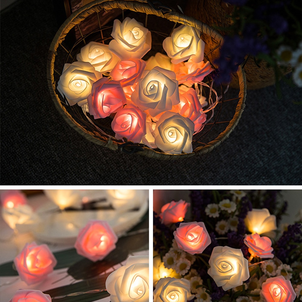 1.5/3m ledet bukett lyssnorer skum rose blomst krans fe lys til valentinsdag bryllup dekorasjon usb frakt