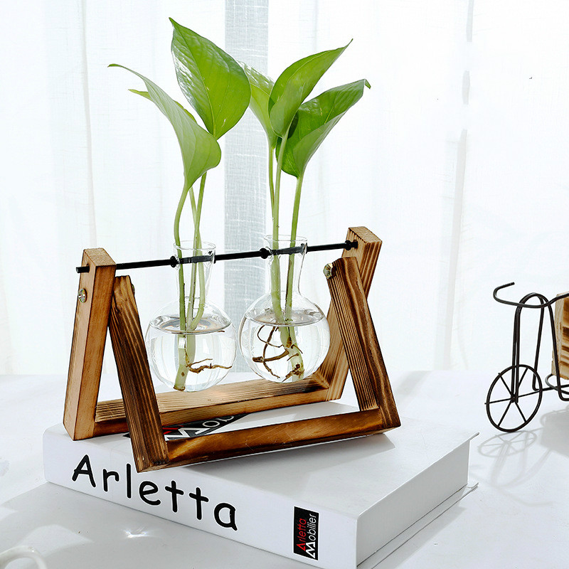 Terrarium hydrocultuur plant transparante vaas houten frame vaas decoratie glazen tafelplant bonsai decoratie bloemenvaas: Twee