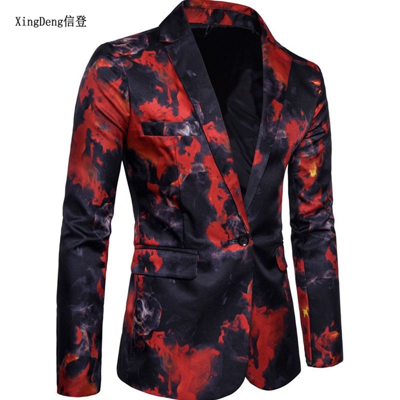 Xingdeng casual blazer herre slim fit jakke mønster trykt blaser homens herre blazer personality jakke rød blå m -3xl