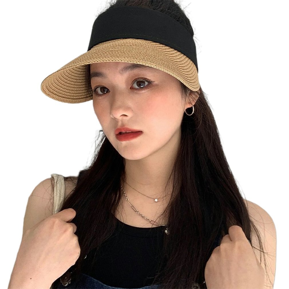 Chapeau de soleil à large bord pour femmes, à vide, pliable, Portable, décontracté, à la , en paille, visières, été: Khaki