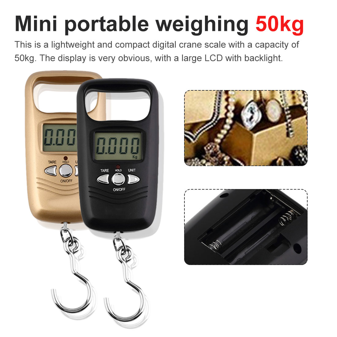 Electronic Pocket Scale Portable Mini 50Kg LCD Digital Display Hanging Weight Hook Scales Black Color