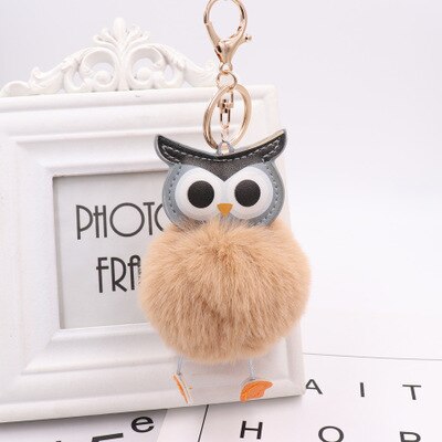 Sød pompon ugle nøglering pom nøglering kanin pels bold pompon fluffy læder nøglering plys nøgleringe: Brun