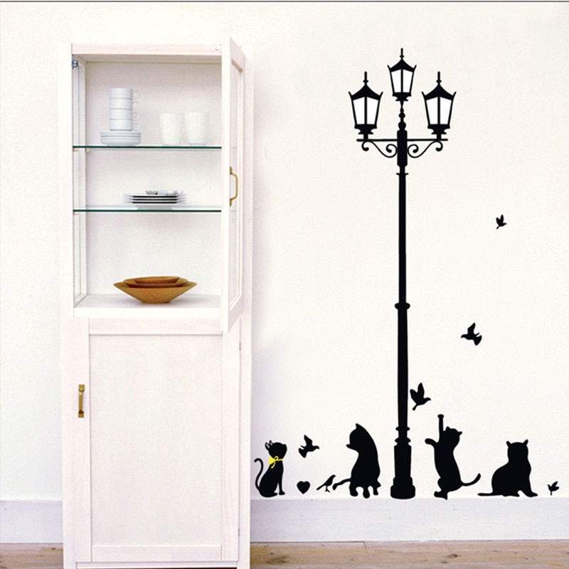 Cartoon diy antieke lamp vier katten en vogels muursticker muurschildering huisdecoratie kamer voor kinderen kamer stickers behang stickers
