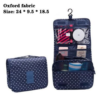 Rejse vandtæt makeup taske hængende kvinde toilettaske folde kosmetik taske arrangør vasketaske bærbart toiletsæt pose: Oxford navy prikker