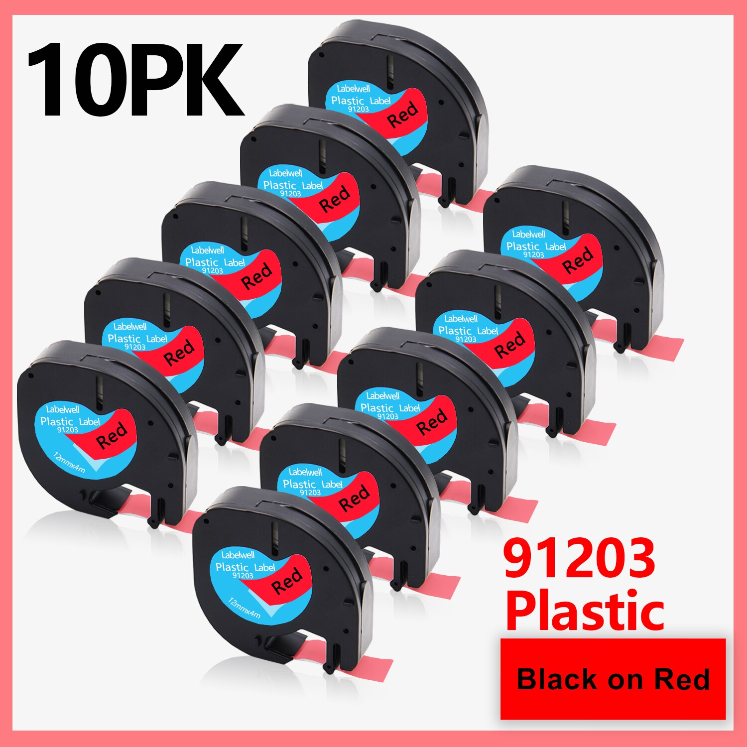 10PK Compatible Dymo LetraTag 91201 91202 12267 91200 91203 91204 91205 Plastic Label Tapes 12mm*4M for Dymo LT-100H LT-100T XR: 10PK Black on Red