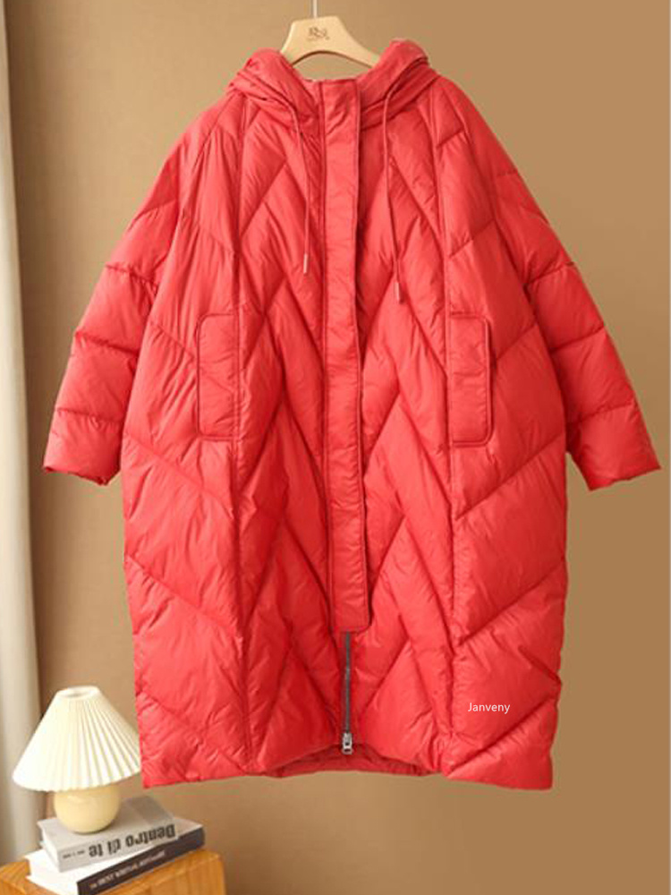 Janveny Women Loose Long Coat 90% White Duck Down Jacket Women Winter Female Overcoat Winter Hooded Puffer Feather Parkas