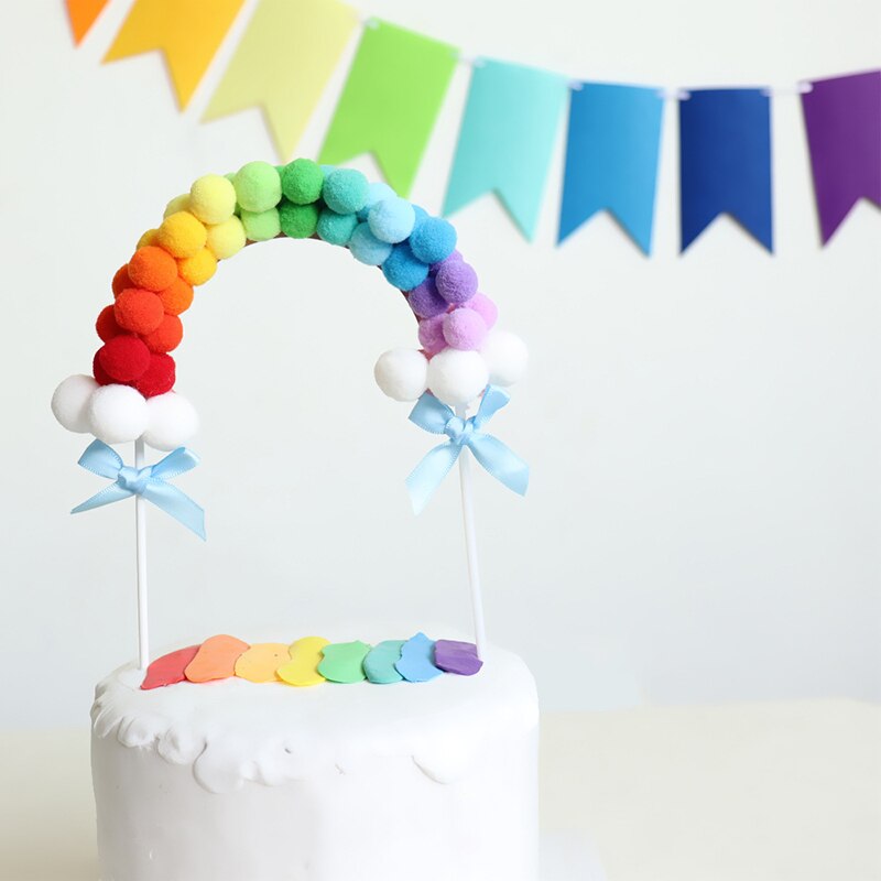 Ins Stijl Regenboog Hairball Boog Cake Topper Cake Insteekkaart Voor Verjaardagsfeestje Decor Baby Douche Dessert Bakken Levert