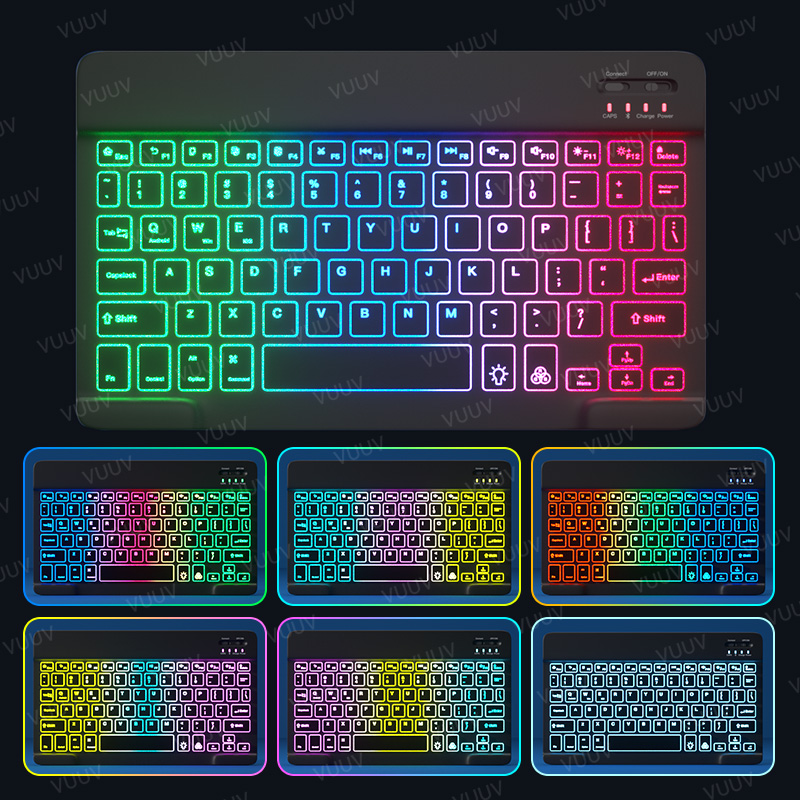 Teclado retroiluminado de arco iris para tableta, teléfono, portátil, español, ruso, portugués, inalámbrico, Bluetooth, para Xiaomi, Samsung: Black 01