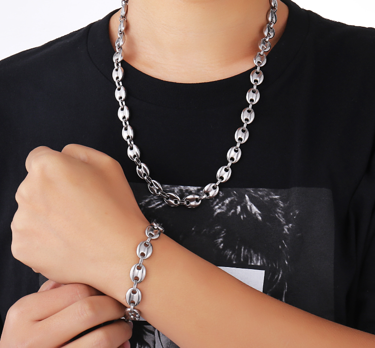 Collar de cadena de eslabones de granos de café, cadena trenzada de acero inoxidable para hombres y mujeres, collar minimalista de rapero de hip hop, cadena de granos de café