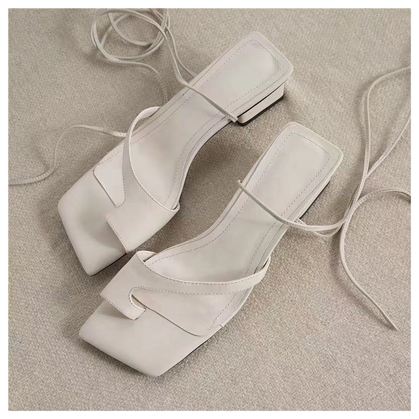Sandalias de tacón bajo y punta cuadrada a la de para mujer, sandalias de gladiador con cordones, sandalias con correa en la espalda, zapatos de verano informales para mujer, sandalias de playa: White / 7.5