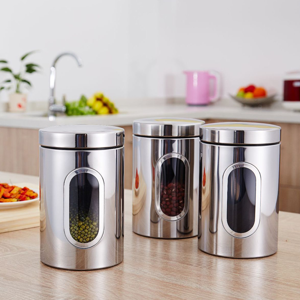 Bocal de rangement en acier inoxydable, pot de rangement en verre de cuisine pour le thé, le café, le sucre, la farine et le café