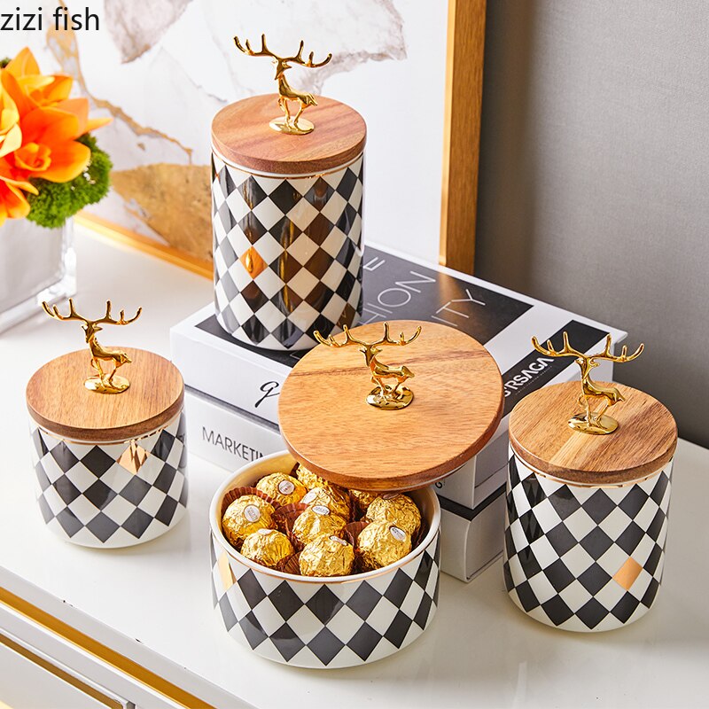 Ceramic Storage Jars Black and White Grid Porcelain Storage Jar Golden Deer Cover Tea Canister Coffee Pot Organizer
