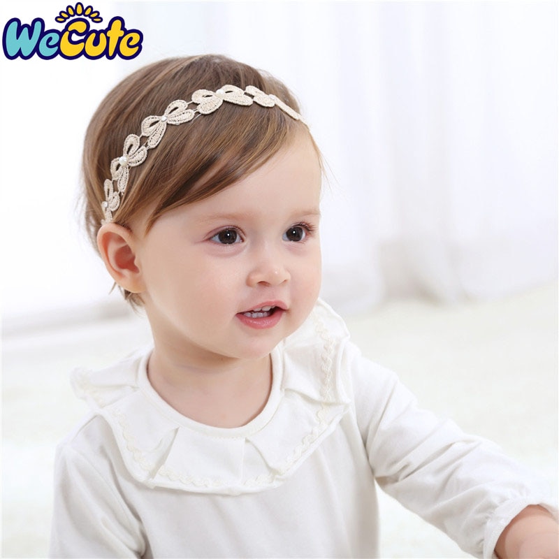 Wecute Gold Lace Baby Headband Girls Turban Headwear Pearl Tiara Infant Toddler Hair Accessories White Solid Lovely Bow Band