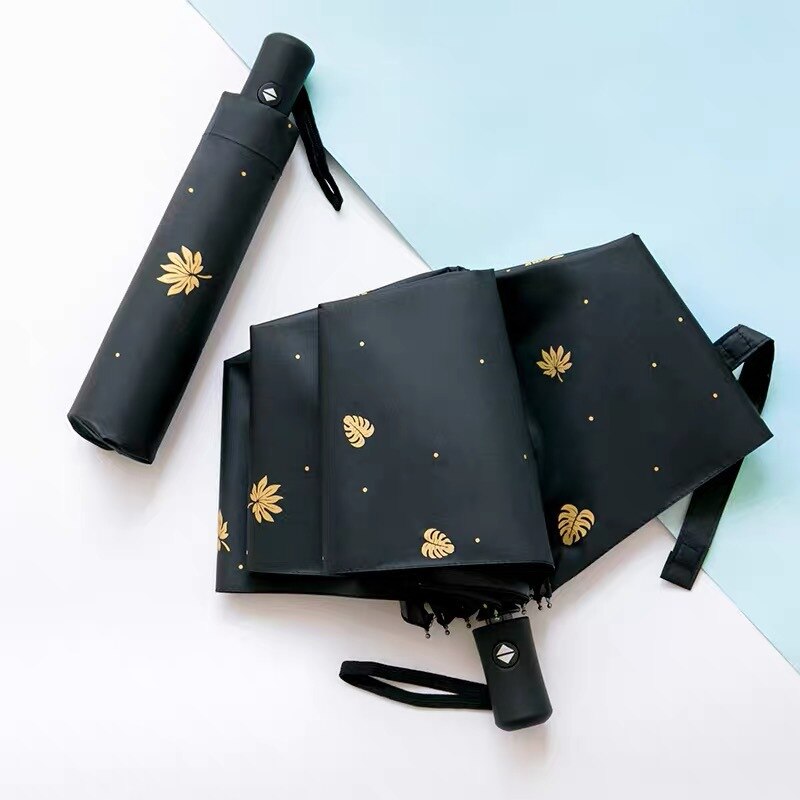 Fully Automatic Rain Umbrella Rain Or Shine Dual Purpose Men and Women Folding Sun-resistant UV-Protection Parasol Advertisement: Fully Automatic Leaves  Black