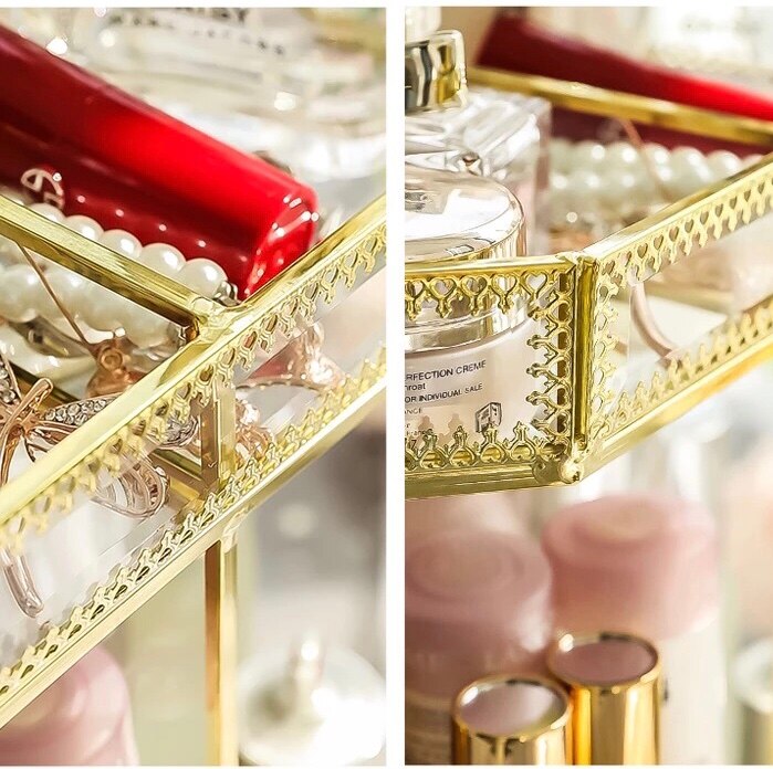 Antique Spacious Mirror Glass Cosmetic Storage Cube Set with 3 Tier Dustproof Drawers Vanity Tray/Gold Metal Makeup Storage